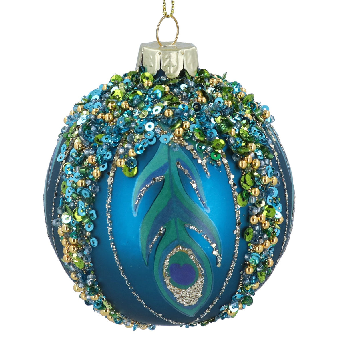 Gisela Graham Matt Peacock Blue Glass Bauble with Sequins & Peacock Feather 8cm