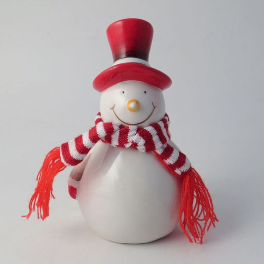 White Ceramic Snowman With Red Hat & Knitted Scarf