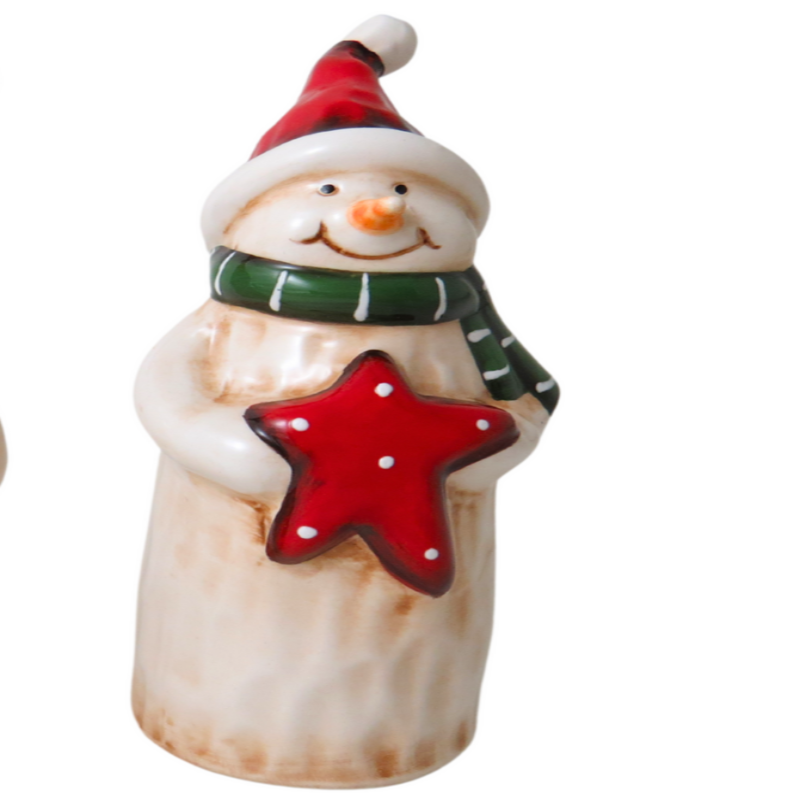 Ceramic Santa Snowman Holding Red Star