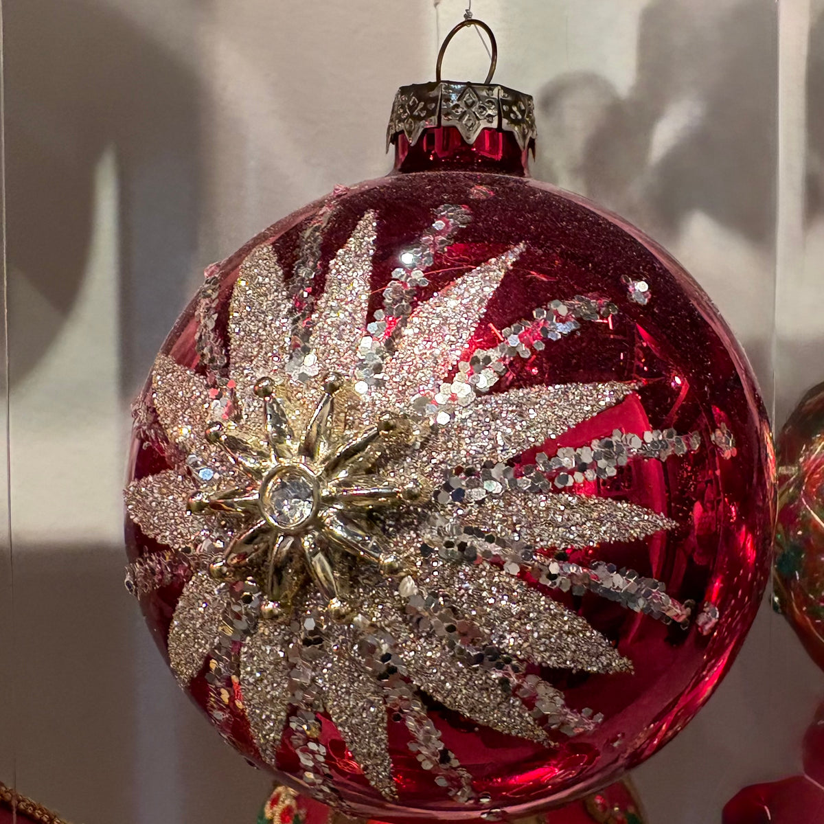 Red Mirror & Gold Starburst Glass Bauble 10cm