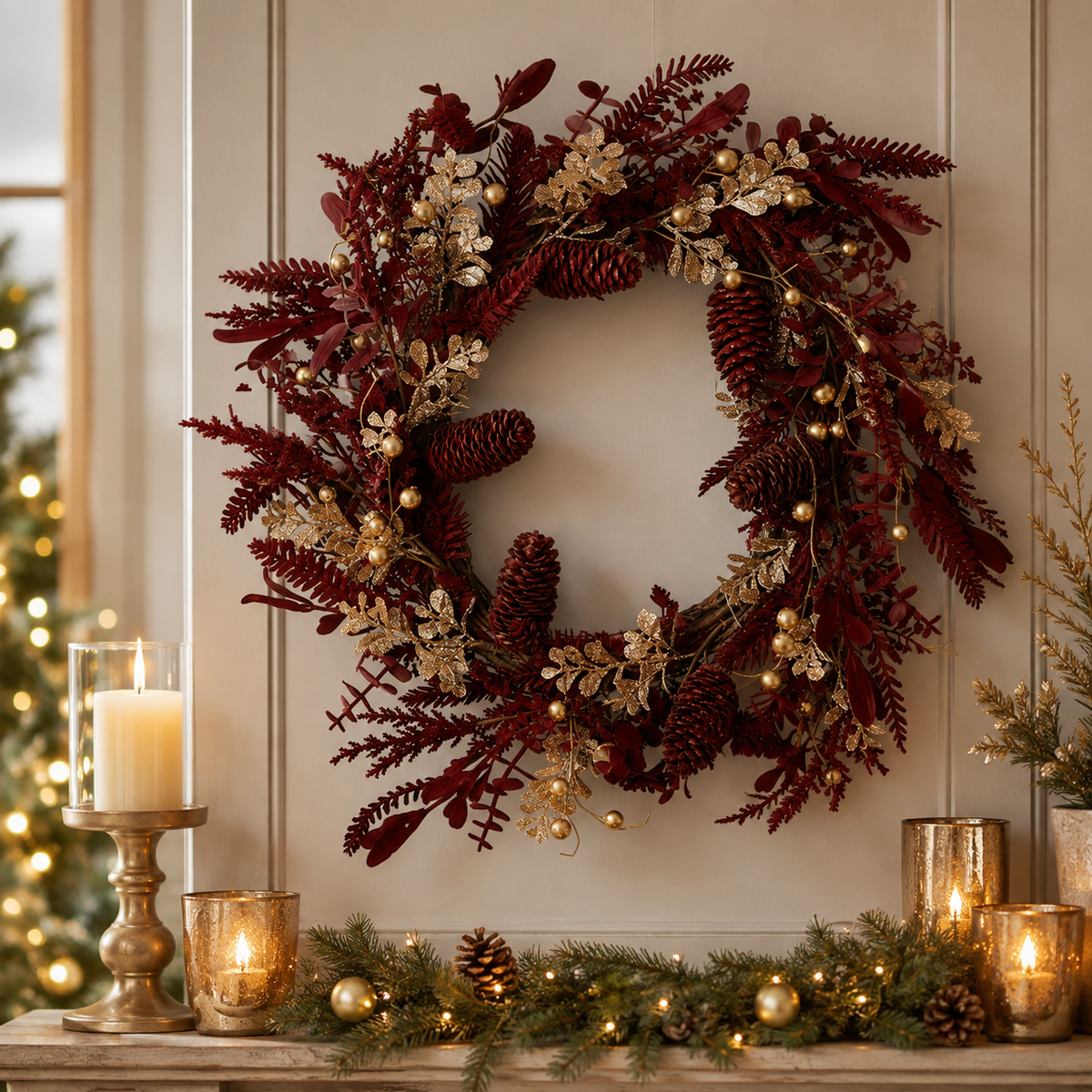 A festive holiday wreath with deep burgundy foliage, pinecones, and gold berries hanging on a paneled wall above a mantel decorated with candles and green garland.