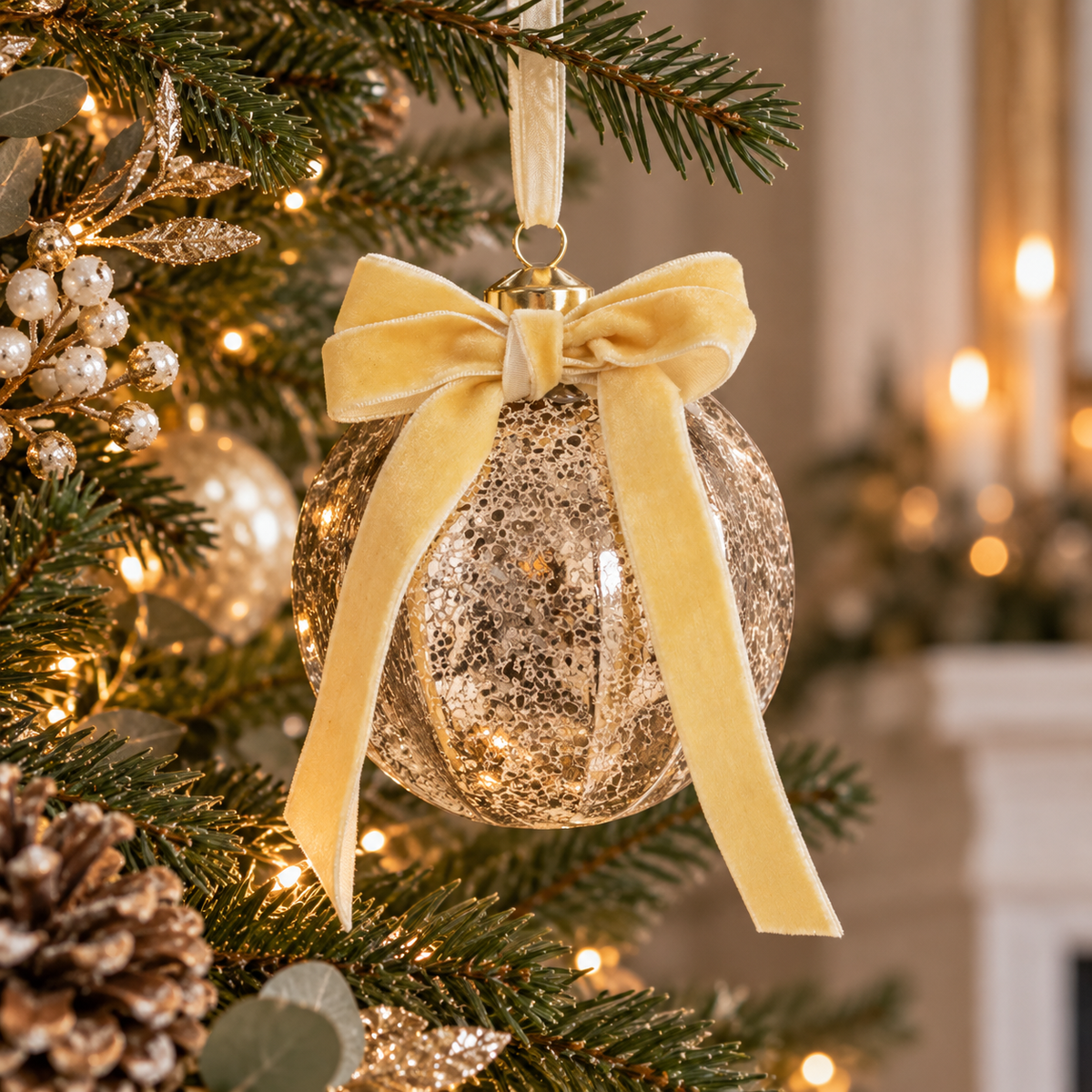 Glass Champagne Kira Bauble with Velvet Bow 10cm