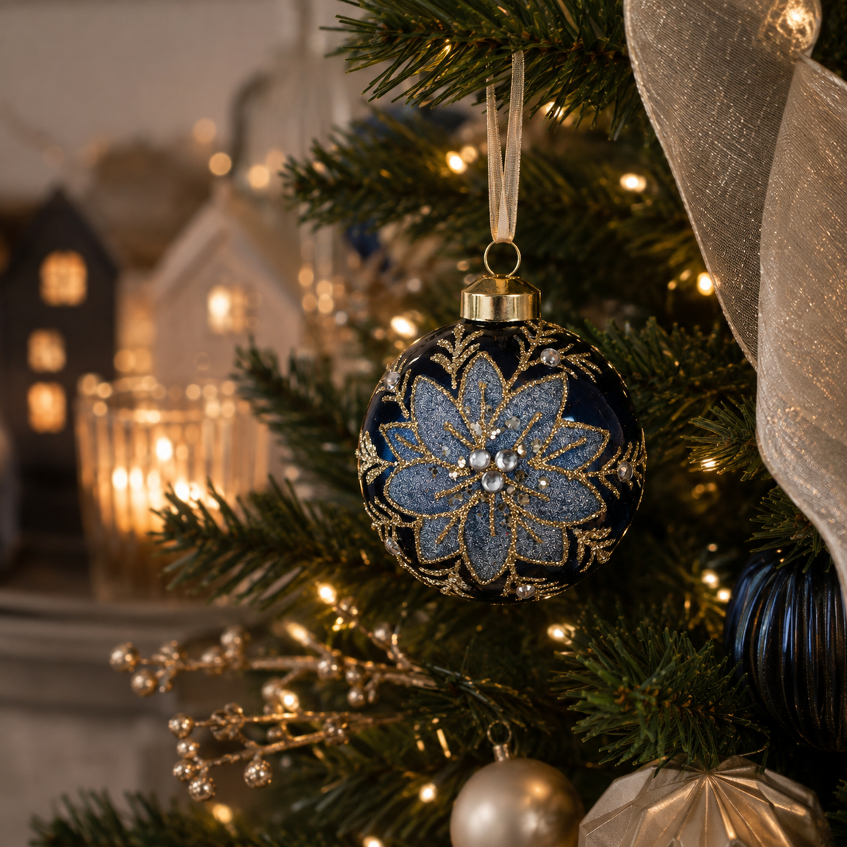 Glass Navy & Gold Celine Bauble 8cm