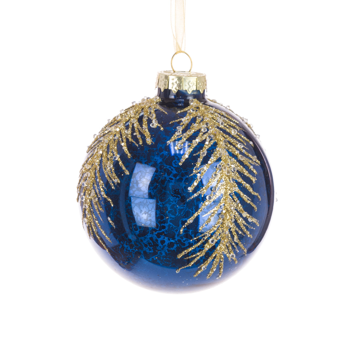 Lexena Blue Glass Christmas Bauble with Gold Glitter Leaves – 8cm Luxury Tree Decoration