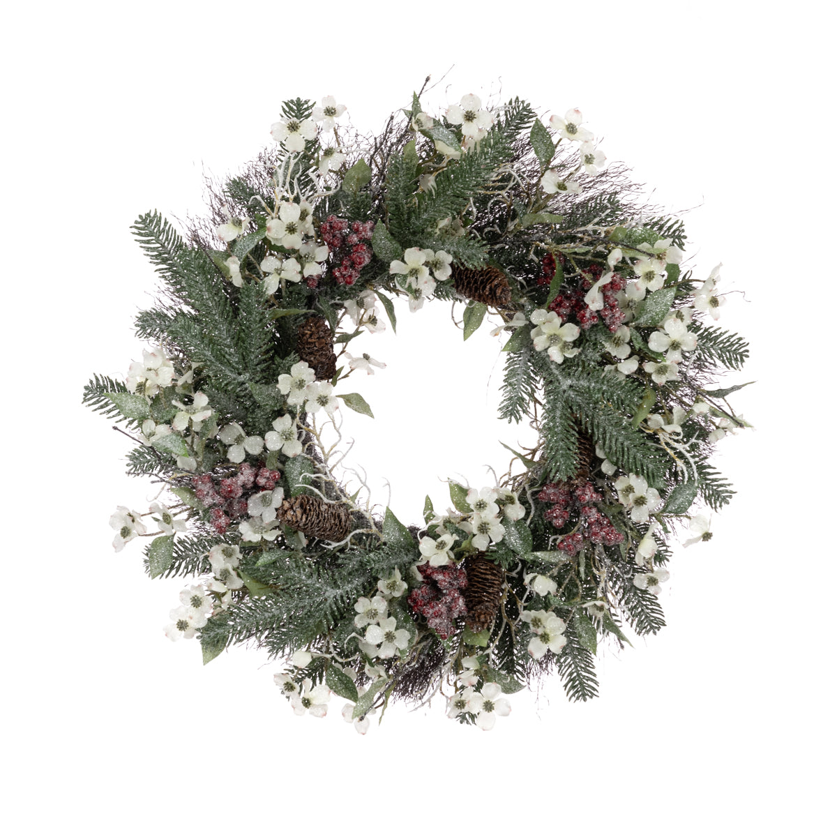 Langham Christmas Wreath 58cm – Frosted Foliage, White Flowers & Red Berries