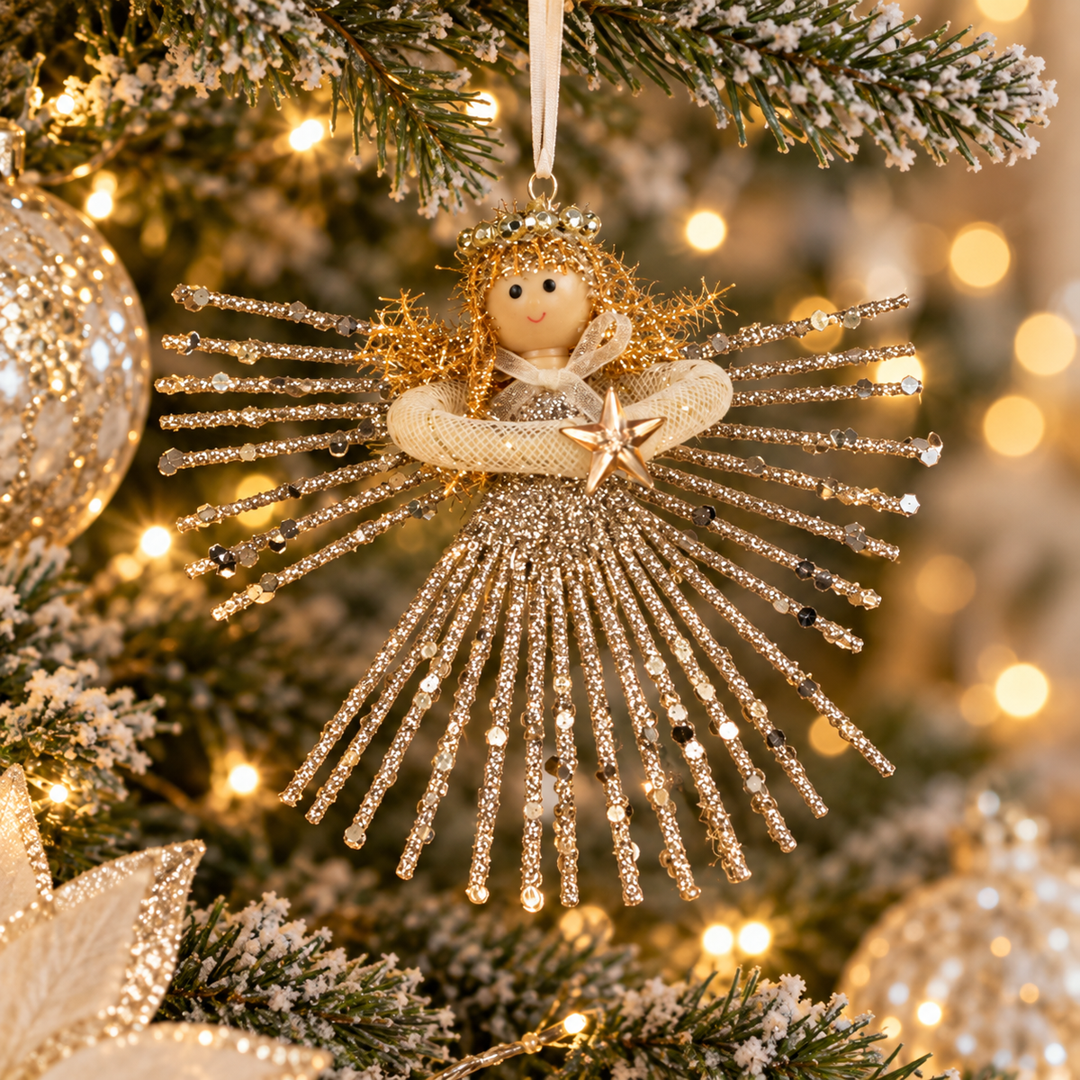 Gold Glitter Angel Christmas Tree Decoration with Star Hanging Ornament 13cm
