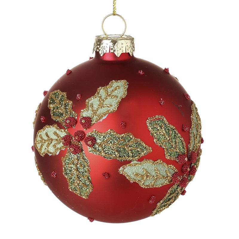 Red Glass Christmas Bauble with Gold Holly Leaves & Berries