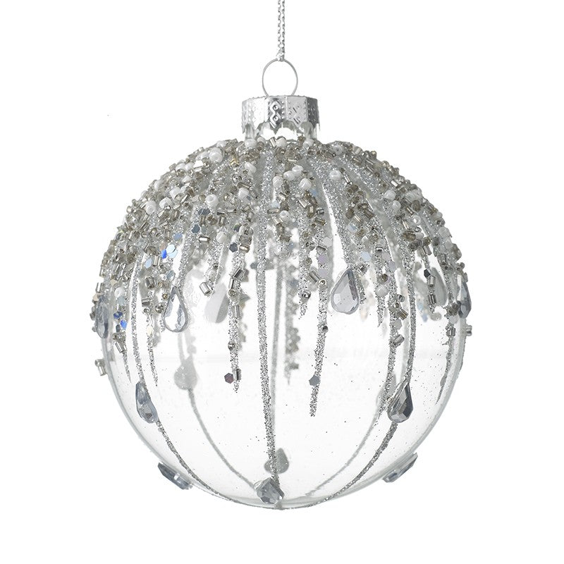 Clear Glass Hanging Bauble with Silver Glitter & Gems