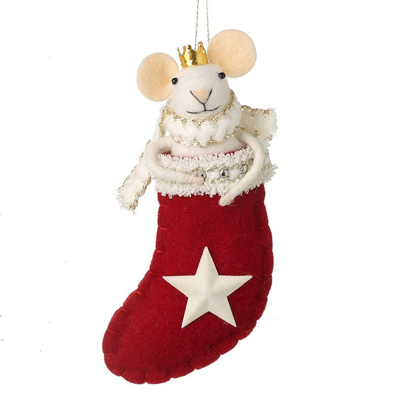 Hanging Red Felt Mouse In Christmas Stocking Decoration