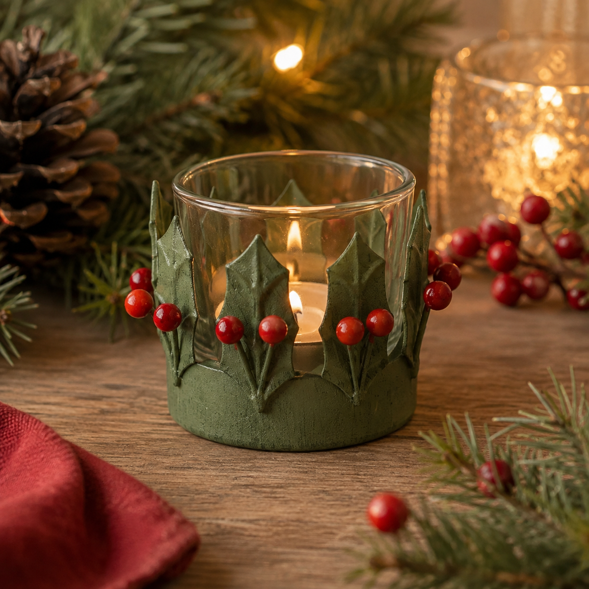 Small Holly And Berry Glass T Light Holder