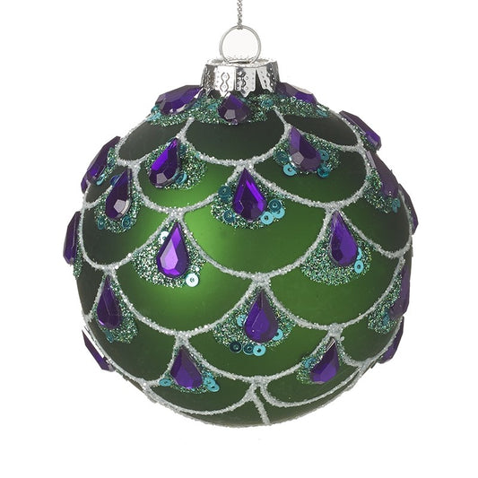 Green Glass Christmas Bauble With Gem Decorations