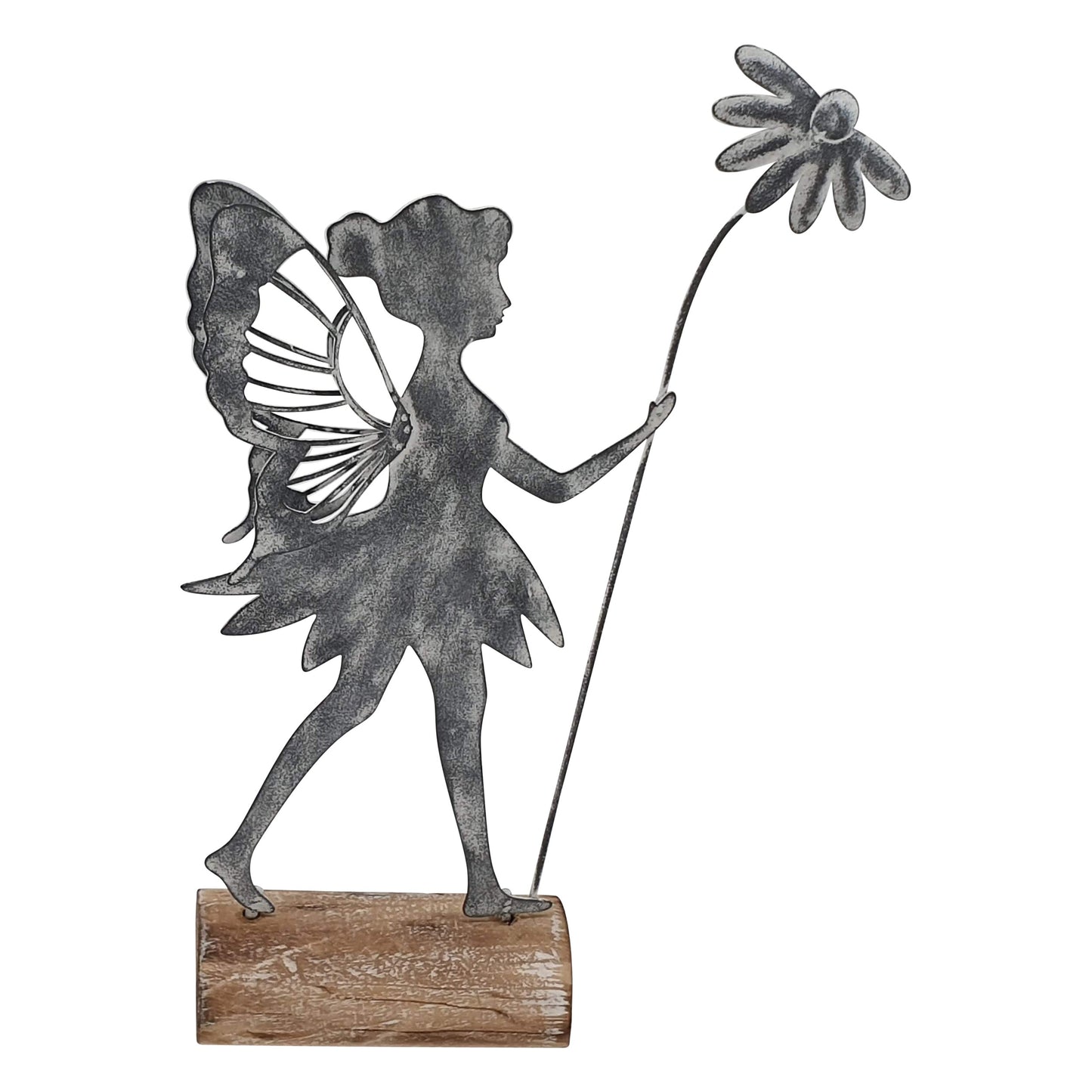 Metal Fairy with Flower On Wood Stand