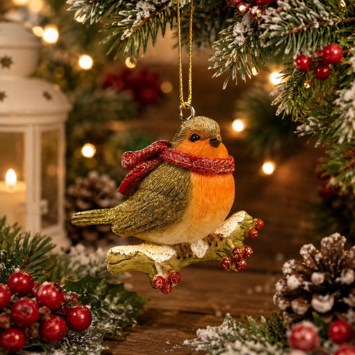 Robin on Berry Branch Hanging Christmas Tree Decoration