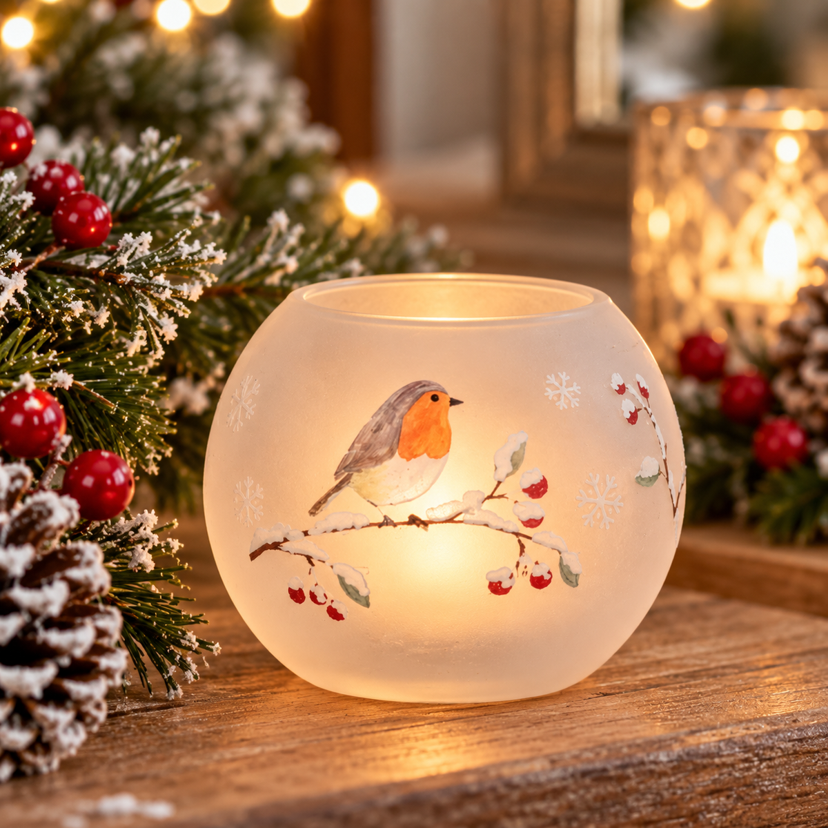 Glass Robin Christmas Candle Holder 8cm