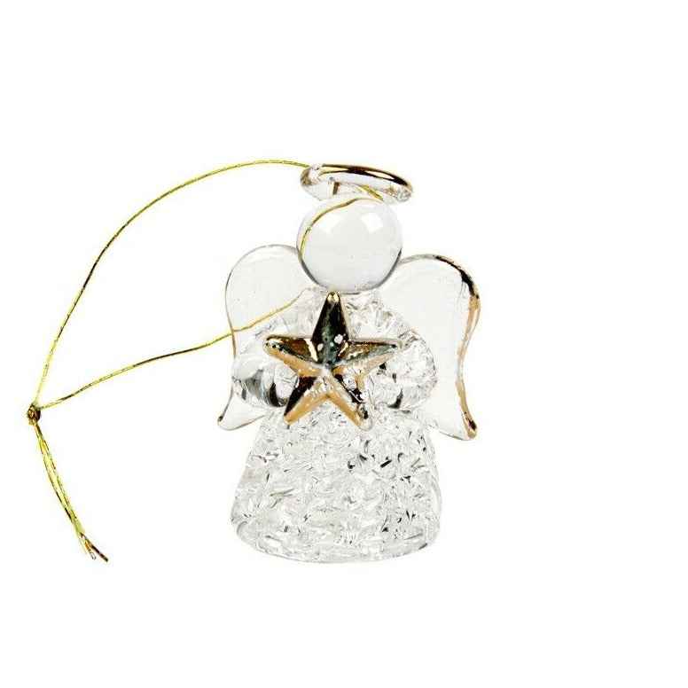 Hanging Glass Angel Holding Gold Star Christmas Tree Decoration