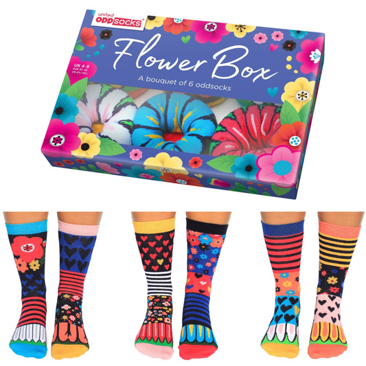 United Oddsocks FLOWER BOX 6 Odd Socks Gift Box-Ladies Size 4-8