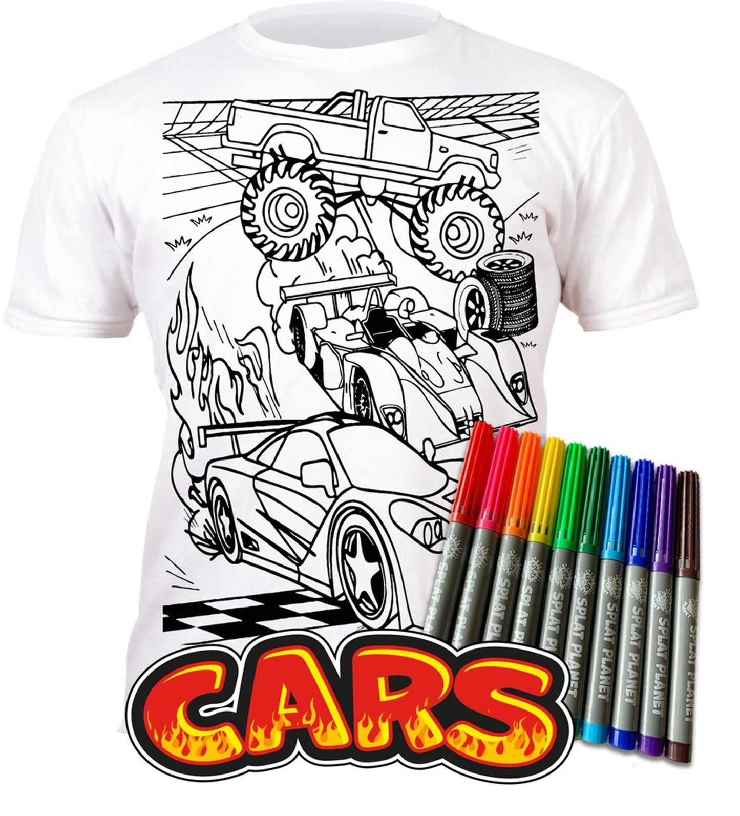 Splat Planet Colour In Children's T-Shirt - Cars - Pens Included