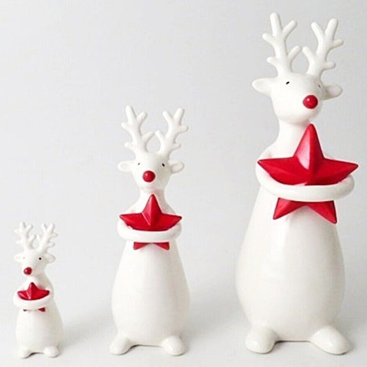 White Ceramic Standing Reindeer with Red Star Christmas Ornament -3 Sizes