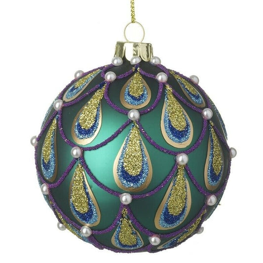 Peacock Glass Bauble With Gold Glitter - Christmas Decoration