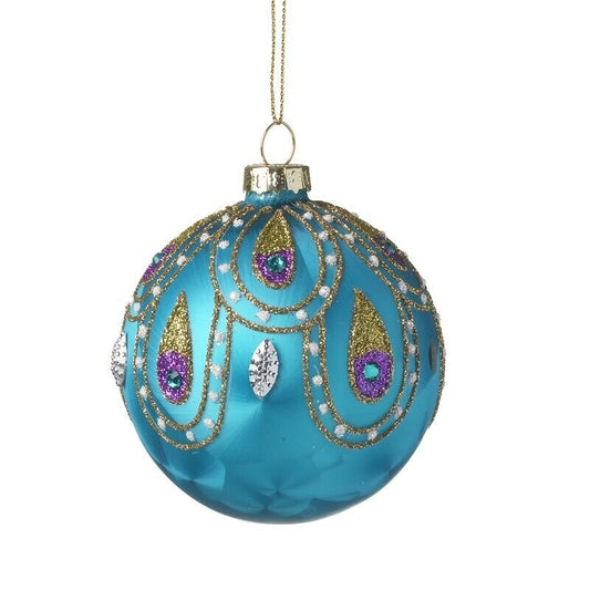 Feather Dot Detail Blue Glass Christmas Bauble