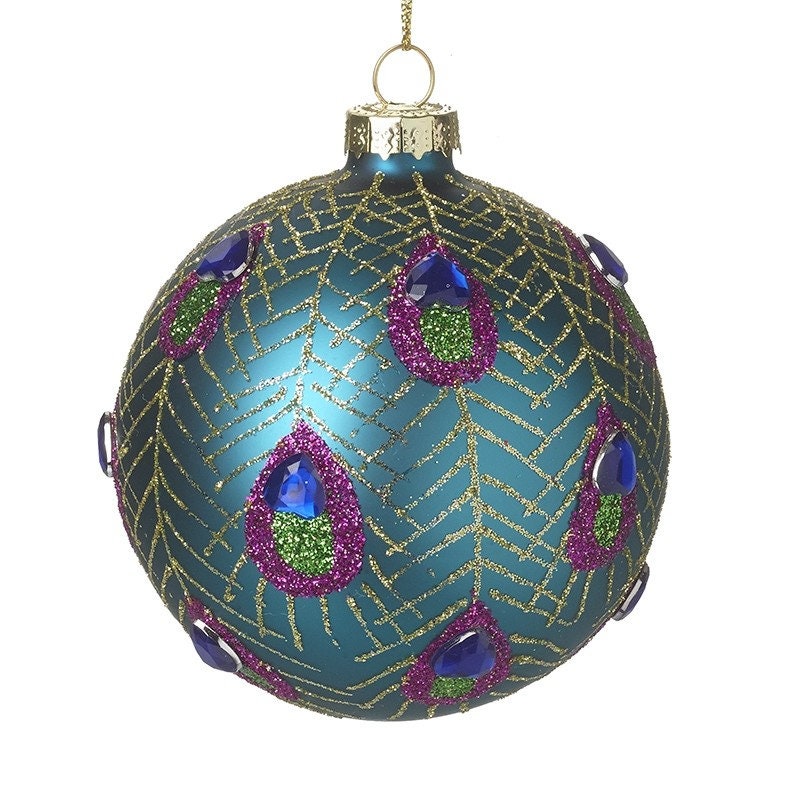 Blue Peacock Design Glass Bauble Christmas Decoration