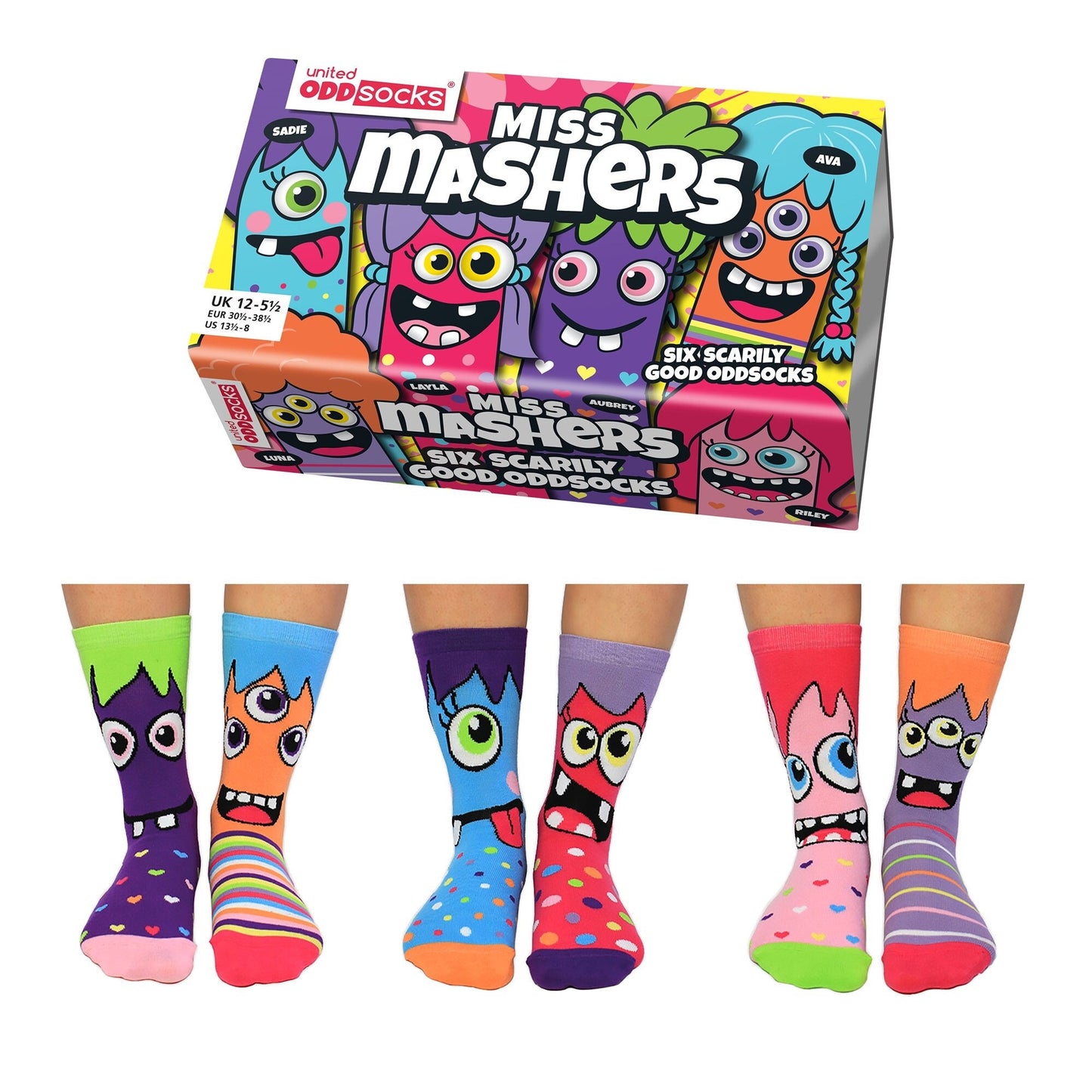 United Oddsocks Miss Mashers UK Size 12-5.5 Set Of 6 Girls Socks