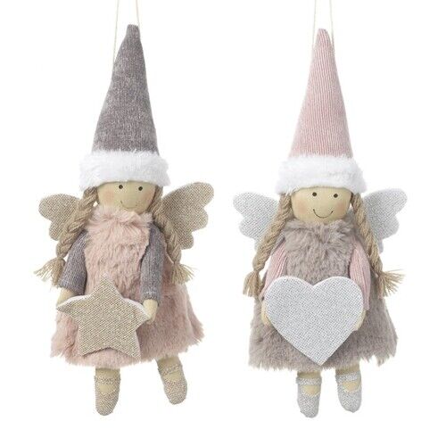 Pink & Grey Fabric Hanging Pink Angels - Stars & Hearts Christmas Decoration