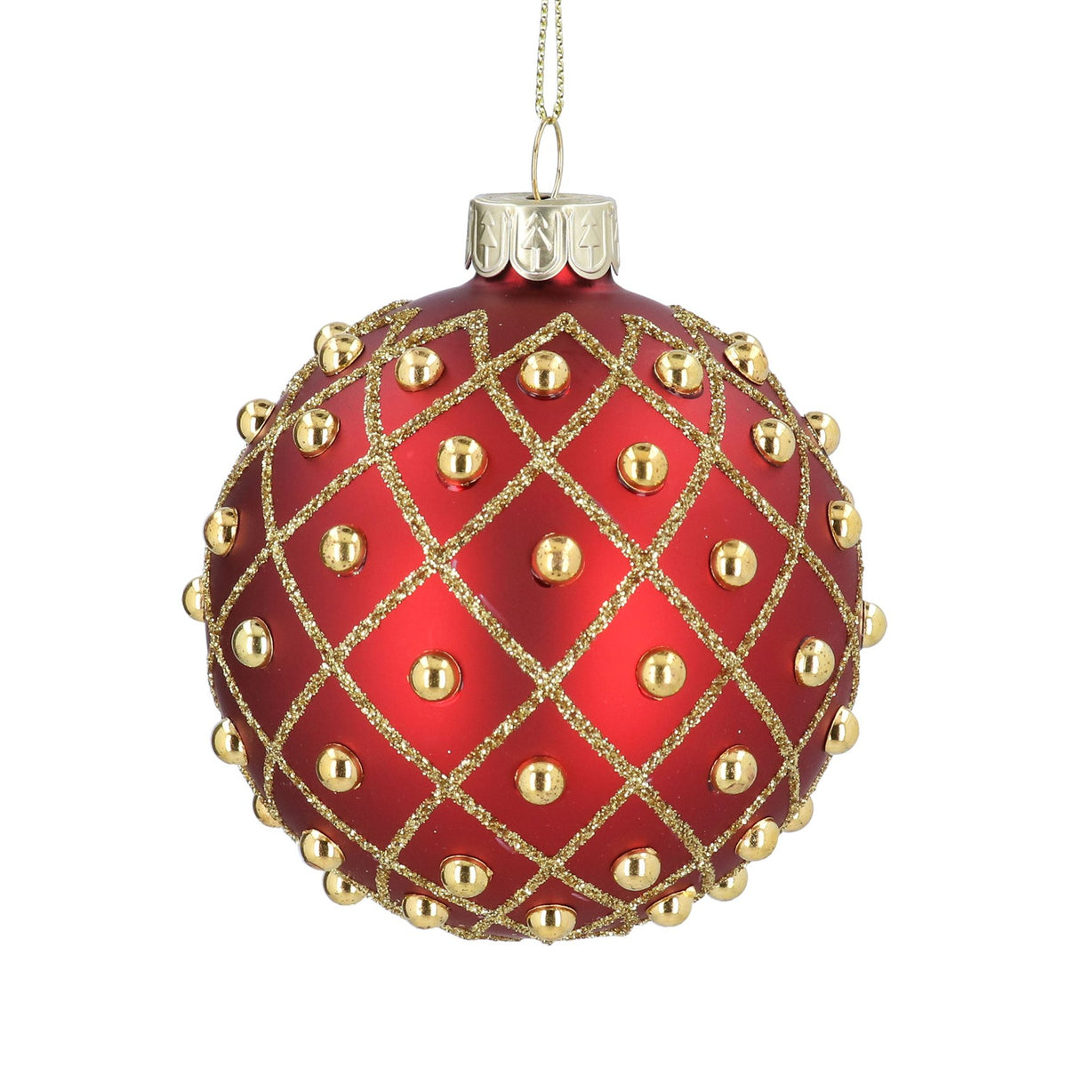Gisela Graham Red & Gold Trellis Glass Bauble with Beads 8cm