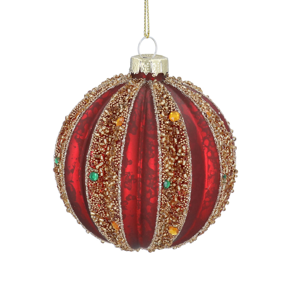 Antique Red & Gold Glitter Ribbed Glass Christmas Bauble