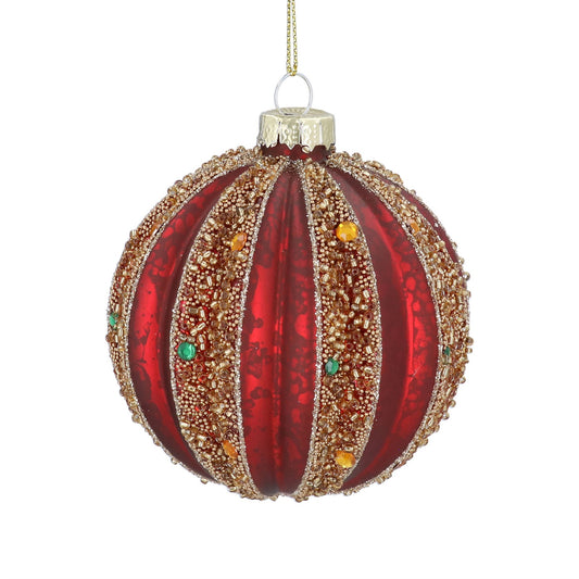 Antique Red & Gold Glitter Ribbed Glass Christmas Bauble