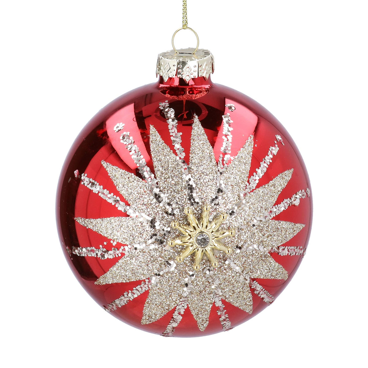 Red Mirror & Gold Starburst Glass Bauble 10cm