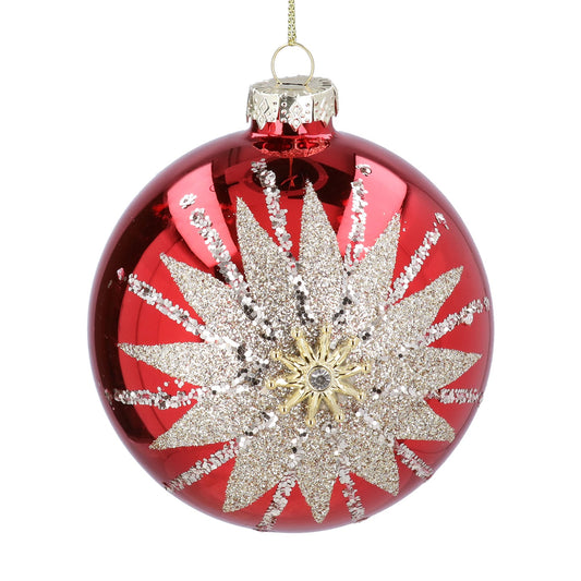 Red Mirror & Gold Starburst Glass Bauble 10cm