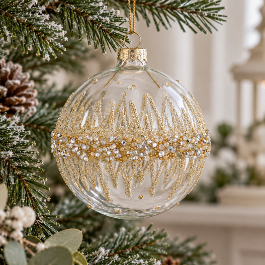 Gisela Graham Clear Glass Bauble with Gold Beaded Band 8cm