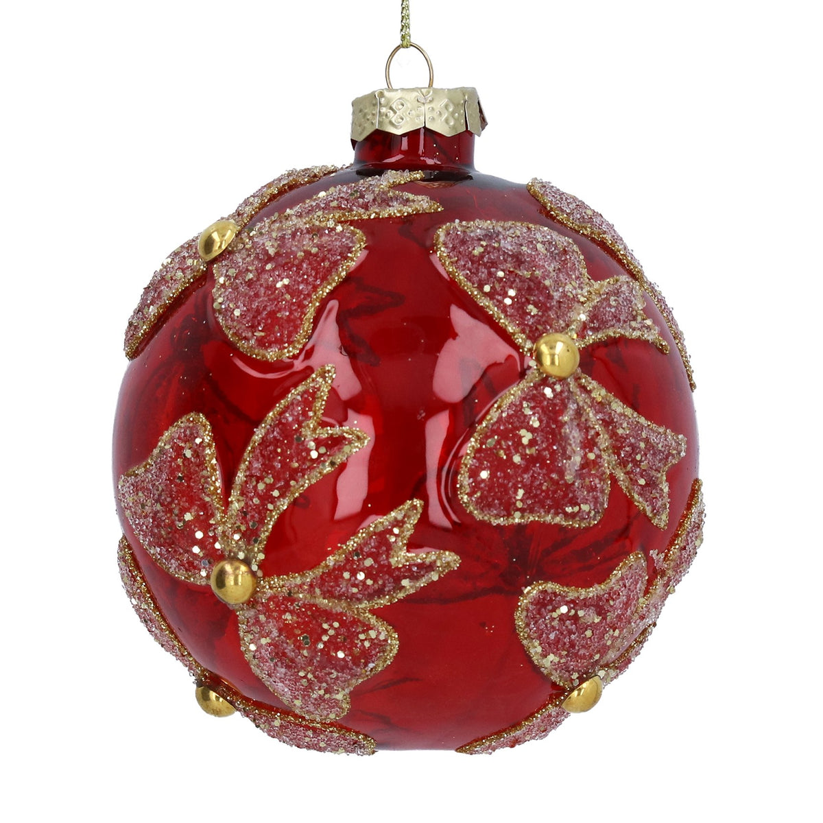 Gisela Graham Clear Red Glass Bauble with Gold Glitter Bows 10cm