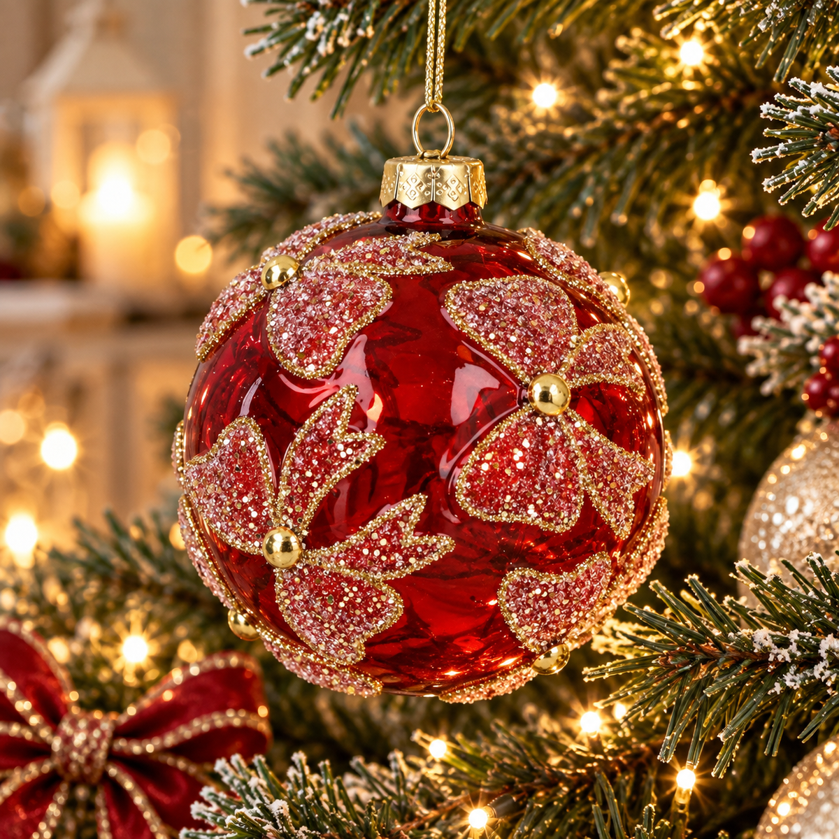 Gisela Graham Clear Red Glass Bauble with Gold Glitter Bows 10cm