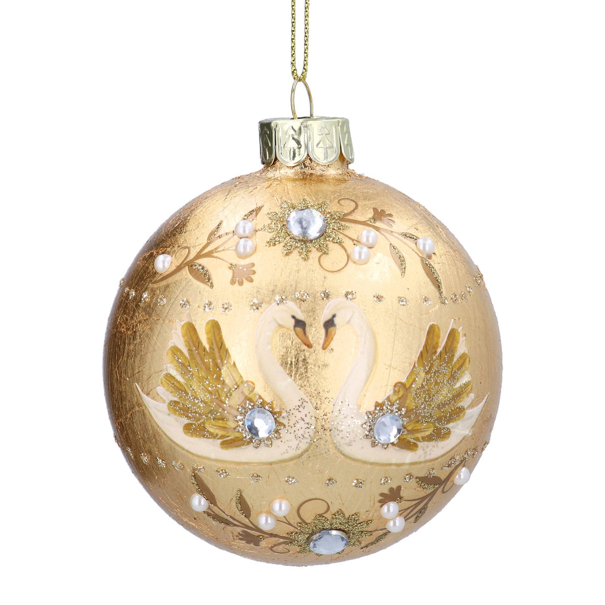 Glass Gold Leaf Two Swans Christmas Bauble Decoration 8cms
