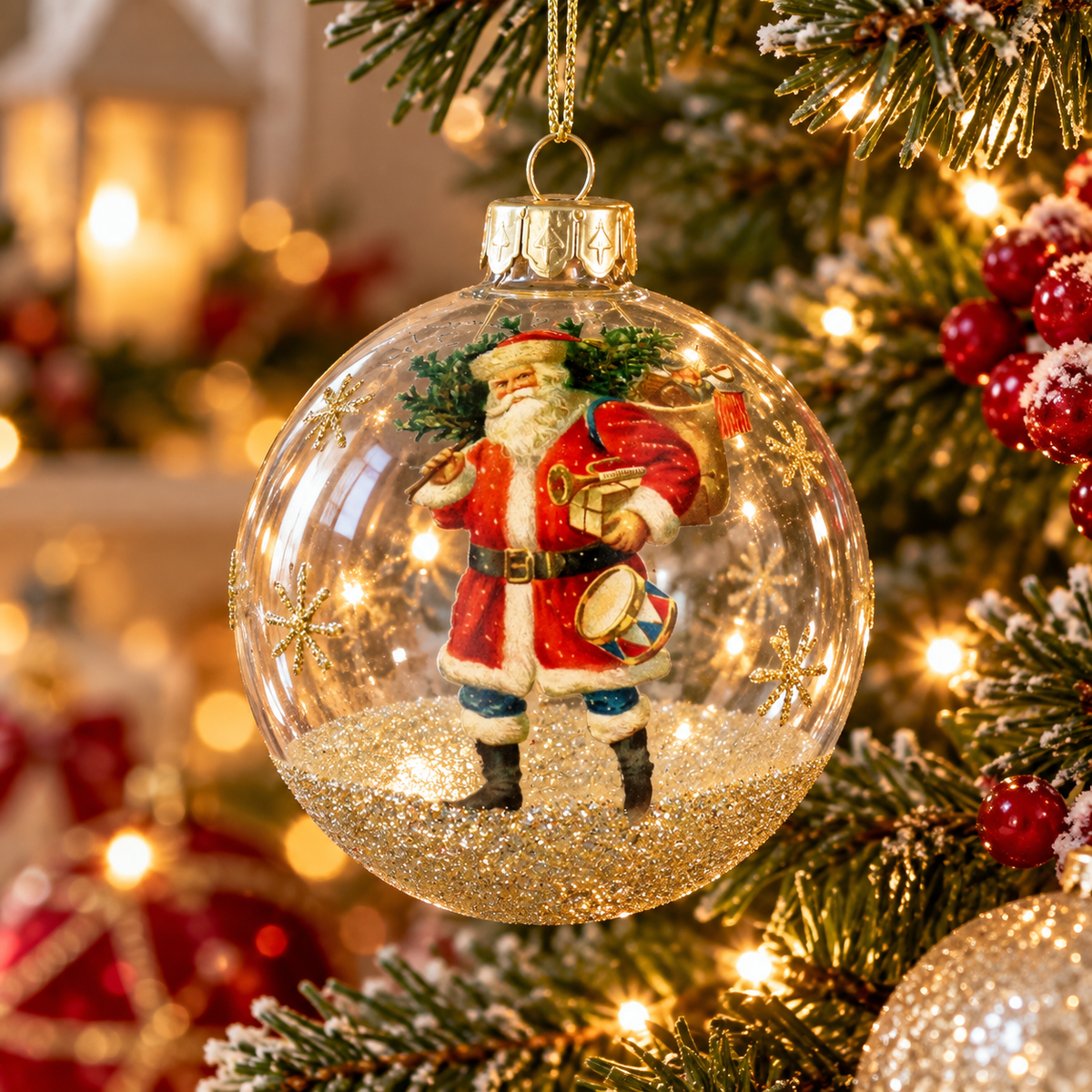 Gisela Graham Clear Glass Nostalgia Santa Christmas Bauble 8cm