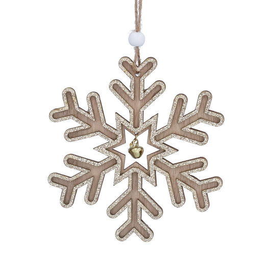 Wood Hanging Snowflake Decoration 12cm – Natural Wood & Gold