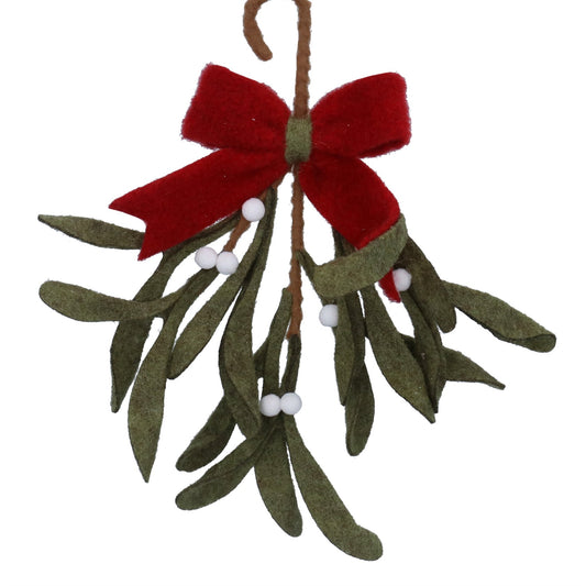 Gisela Graham Wool Mistletoe Bunch Hanging Christmas Decoration with Red Bow 25cm