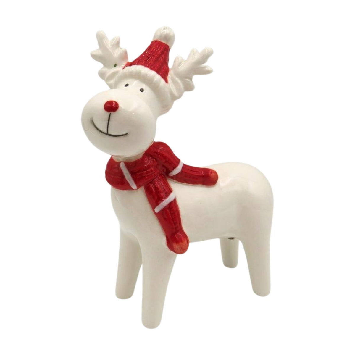 Ceramic White Christmas Reindeer with Red Nose & Scarf – 3 Sizes