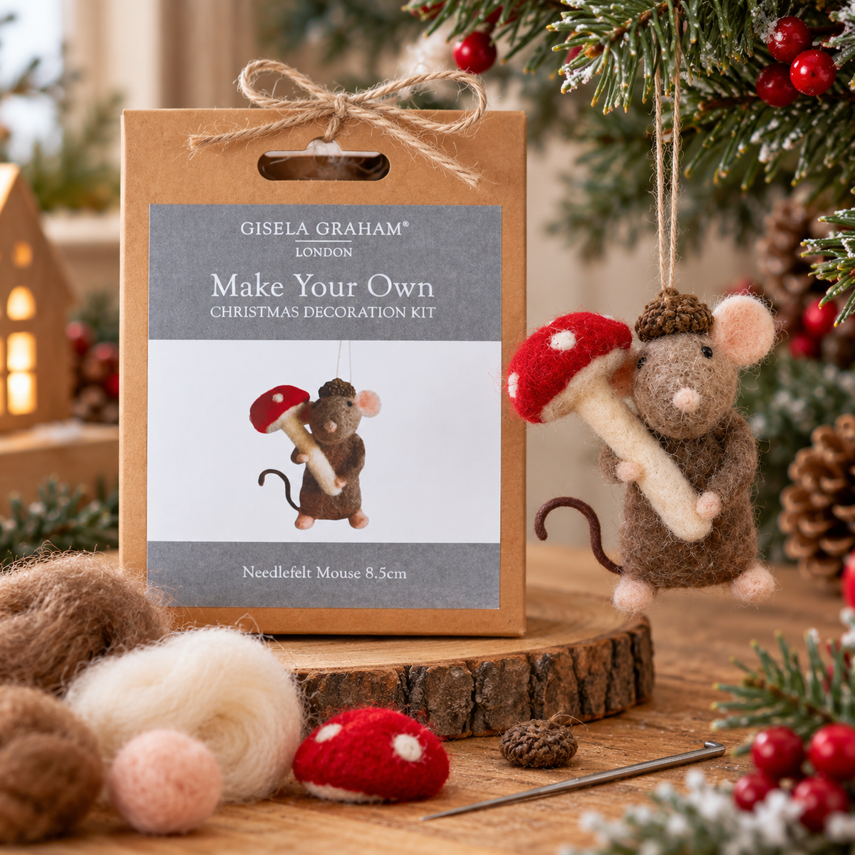 Gisela Graham Make Your Own Mouse & Toadstool Needlefelt Christmas Decoration Kit