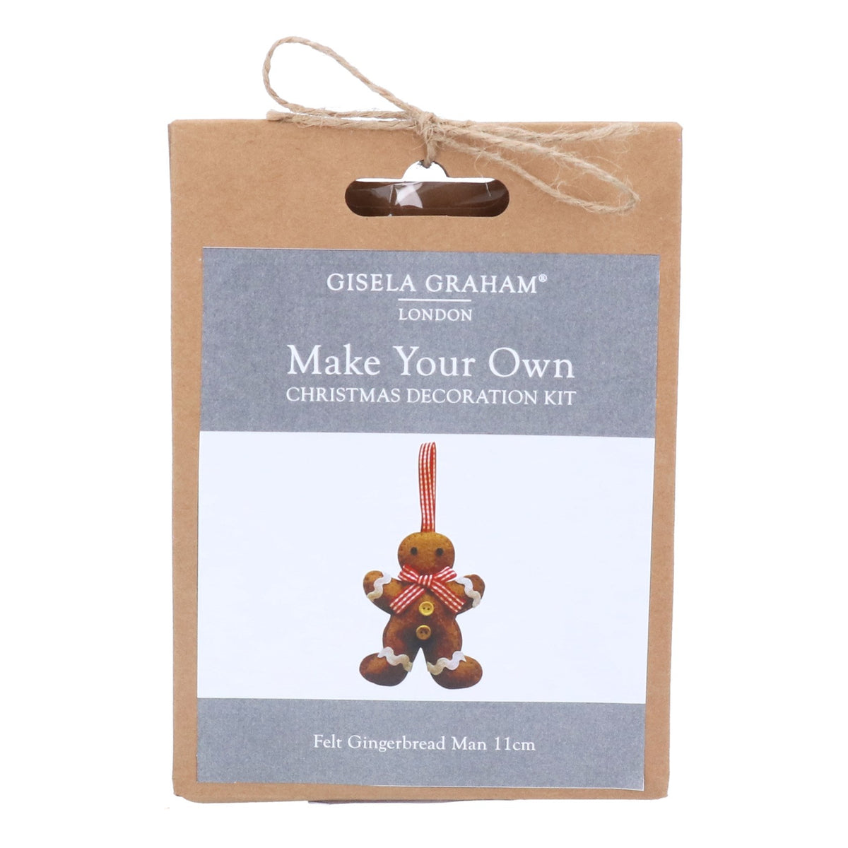 Gisela Graham London Make Your Own Christmas Decoration Kit in a brown kraft paper bag with a jute twine loop, featuring a grey and white label with a felt gingerbread man illustration.