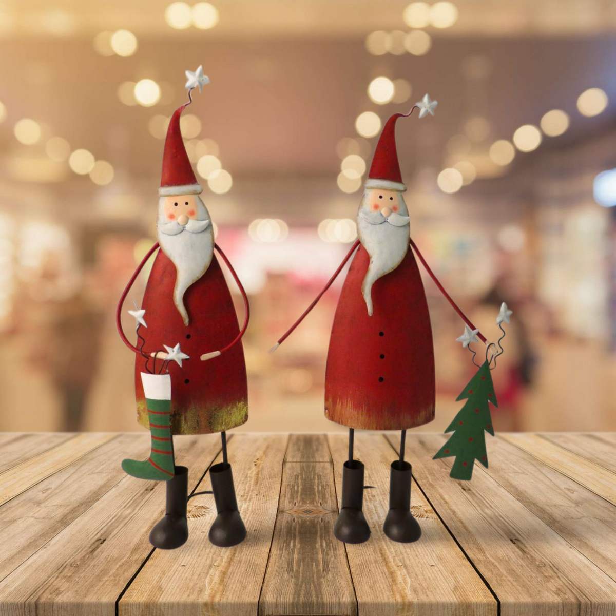 Standing Tin Santa Decorations – Set of 2 Assorted Designs – 22.5cm