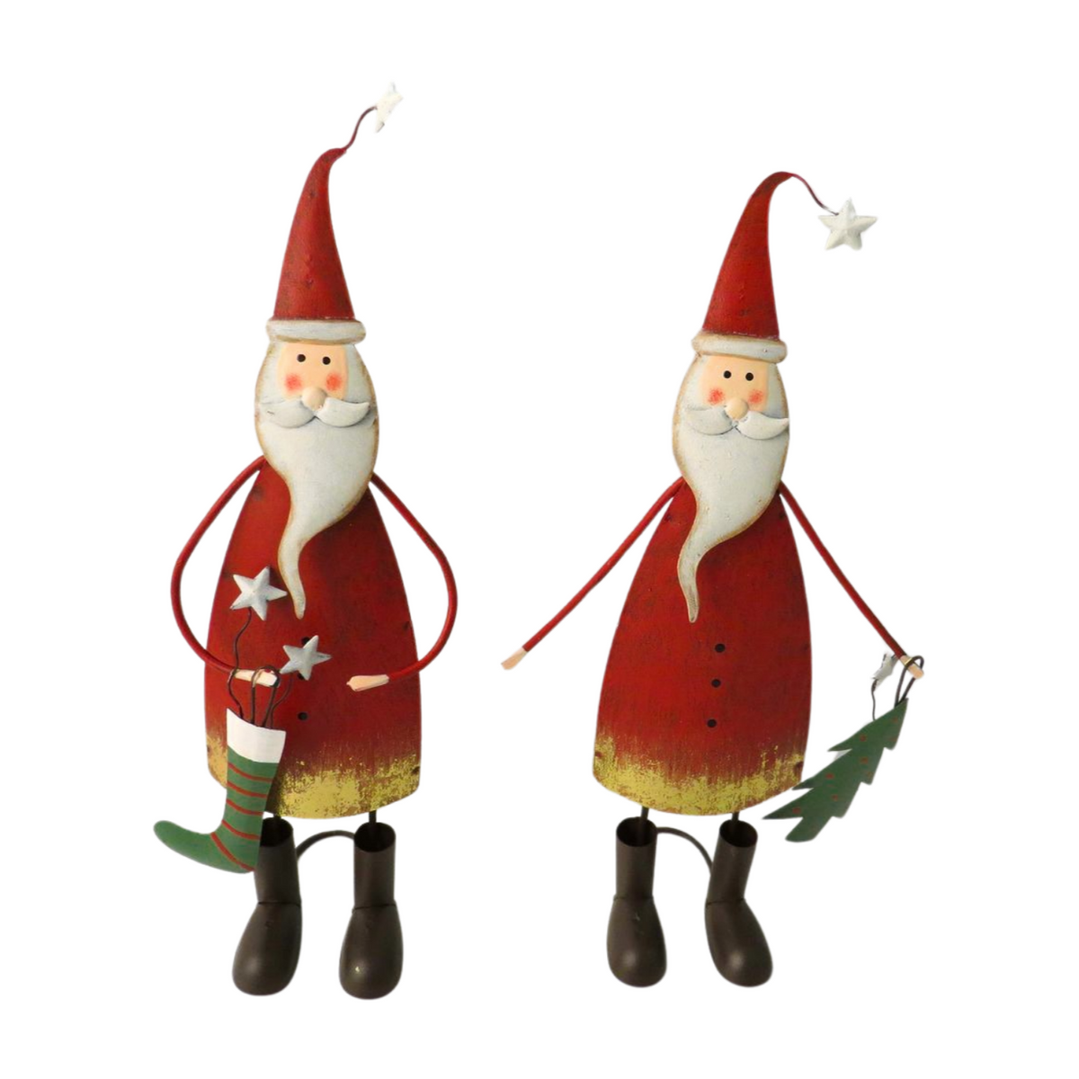 Standing Tin Santa Decorations – Set of 2 Assorted Designs – 22.5cm
