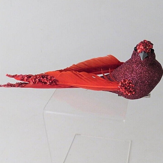 Red Clip on Decorative Glitter Feather Bird