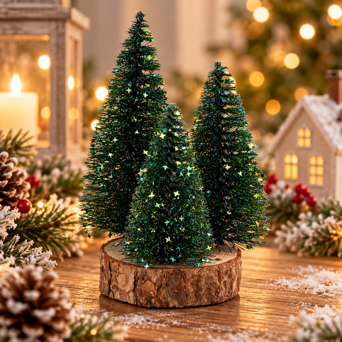 Gisela Graham Green Bristle Christmas Tree Trio with Stars 19cm