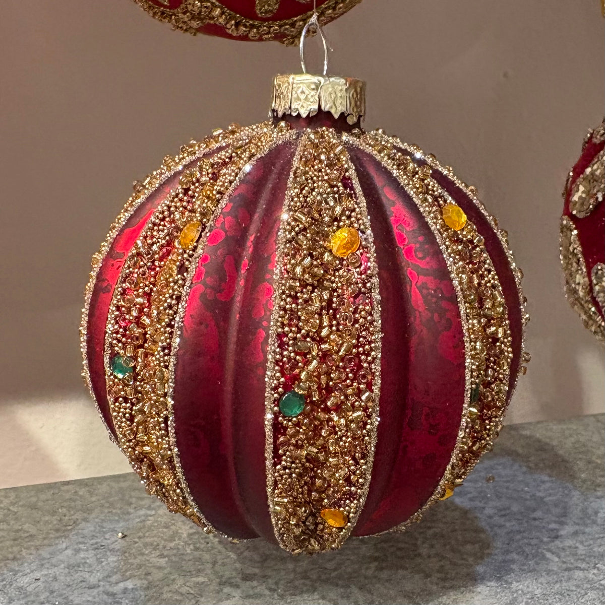 Antique Red & Gold Glitter Ribbed Glass Christmas Bauble