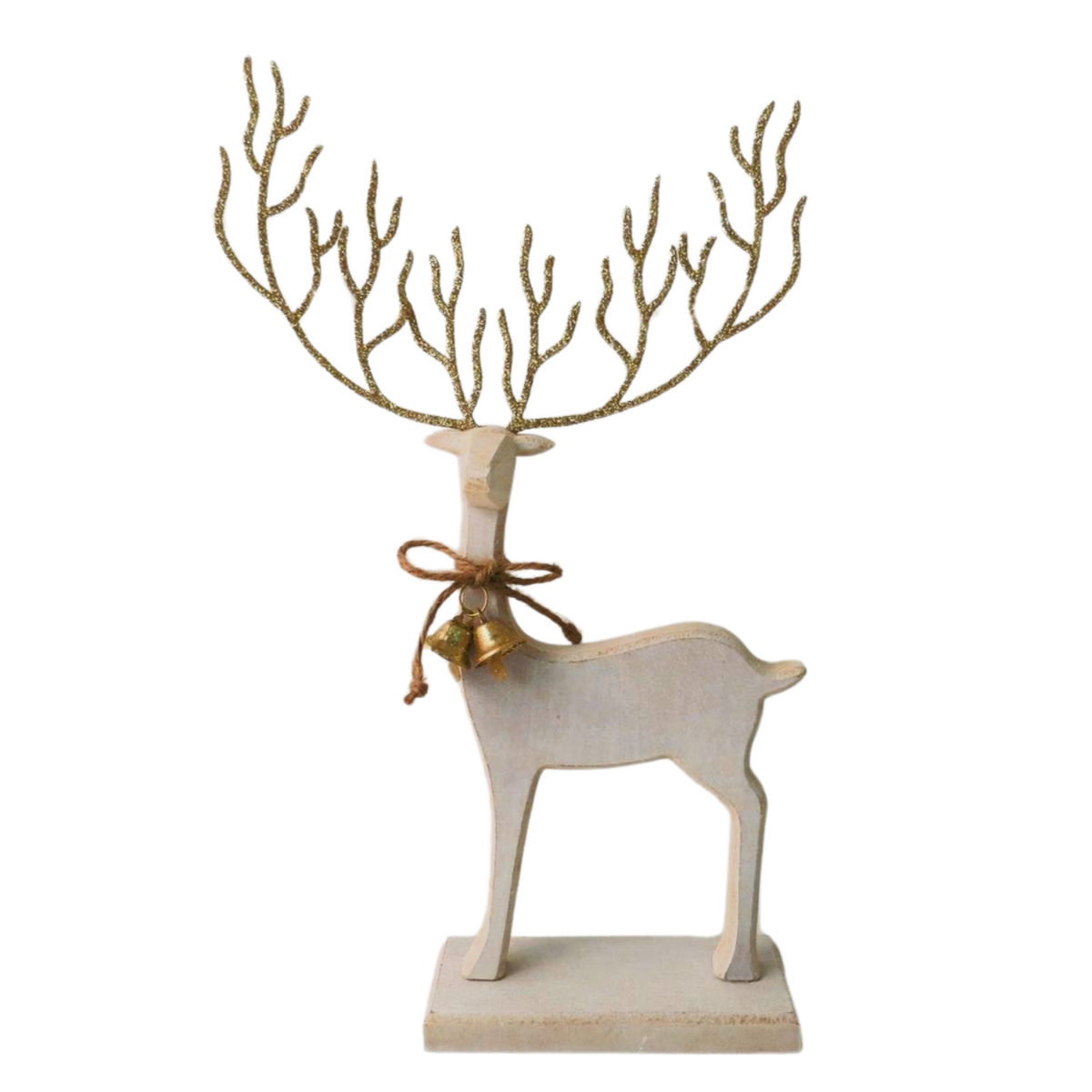 White Wood Reindeer with Gold Glitter Antlers - 2 Sizes