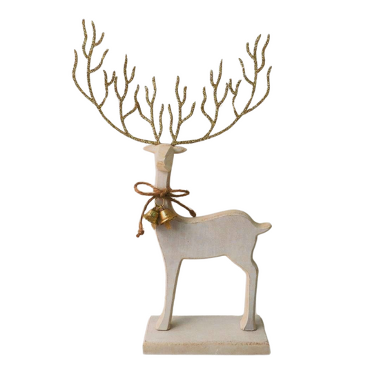 White Wood Reindeer with Gold Glitter Antlers - 2 Sizes