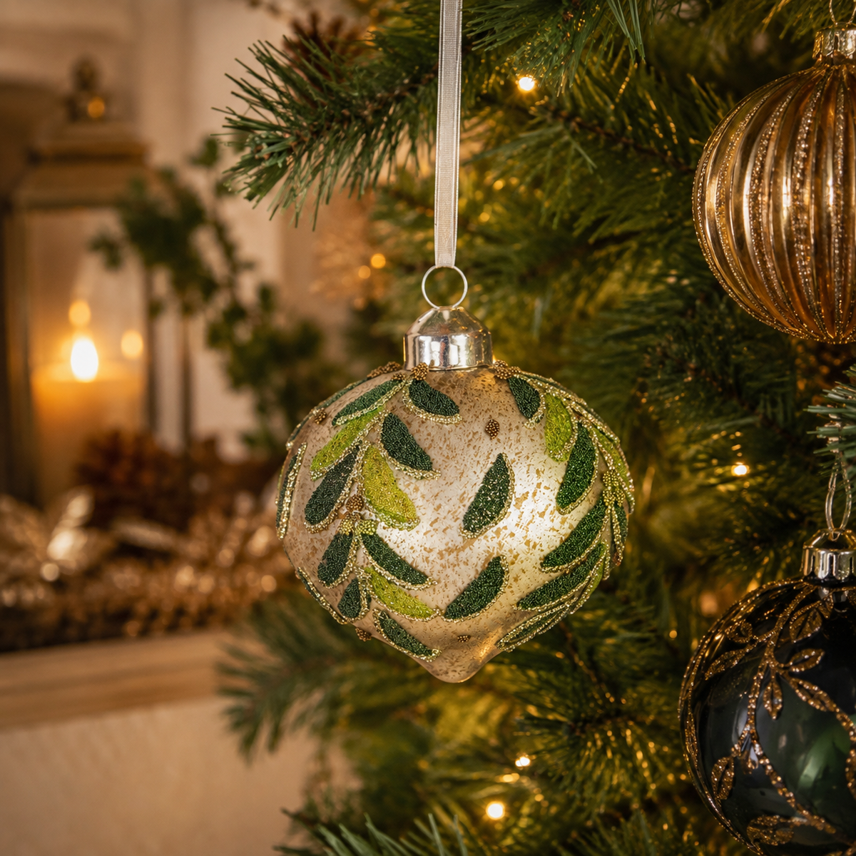 Nelma Glass Onion Christmas Bauble Green & Gold